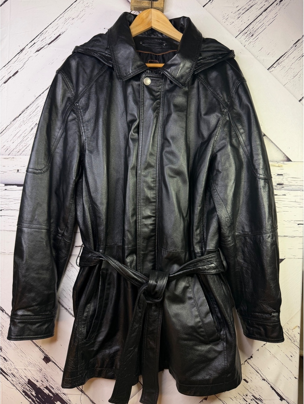 VTG Wilsons Leather Hooded Midi 90’s Y2K Black Trench Coat with Belt Men’s LG